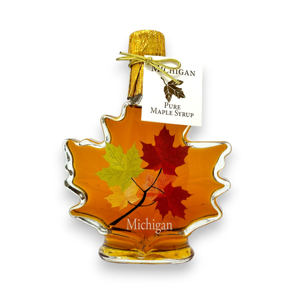 Pure Michigan Maple Syrup - Maple Leaf Glass Bottle.